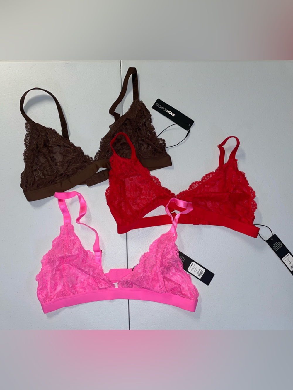 Fashion Nova Lace Triangle Bralettes in Hot Pink, Red & Brown